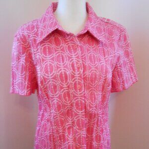 Christopher&Banks Pleated Salmon Pink Collared Embroidered Short Sleeve Blouse-L